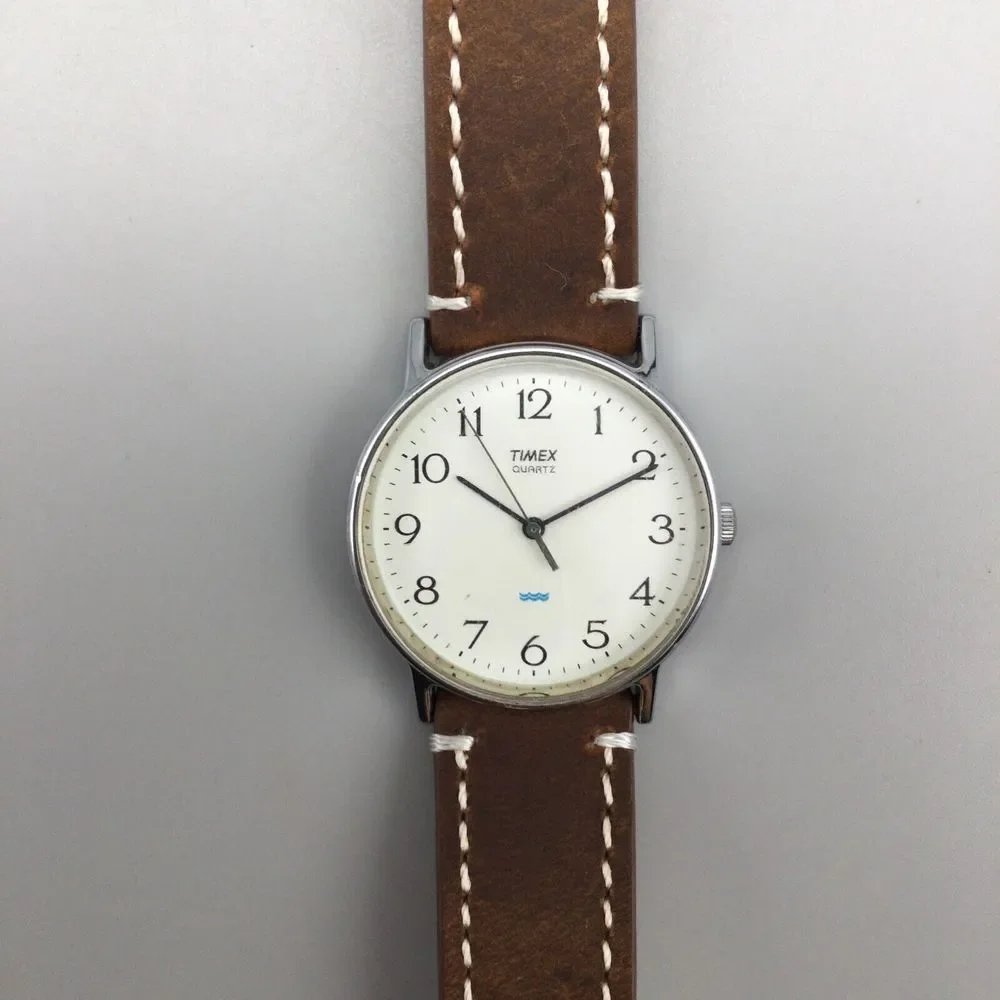 Vintage Timex Watch Men 33mm 1992 Silver Tone Brown Leather Band New Battery - Picture 8 of 15